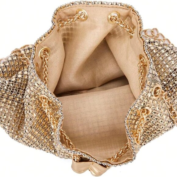 Women's Rhinestone PVC Crossbody Purse Mini Drawstring Bucket Bag for Evening - Picture 5 of 6